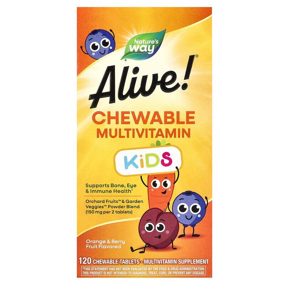 Nature&#39;s Way, Alive! комплекс мультивитаминов для детей, со вкусом апельсина и ягод, 120 жевательных таблеток