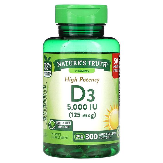 Nature&#39;s Truth, Высокоэффективный витамин D3, 125 мкг (5000 МЕ), 300 капсул быстрого высвобождения