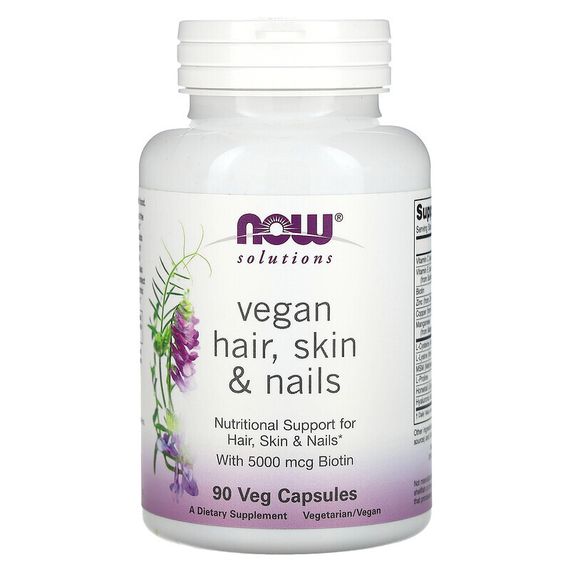 NOW Foods, Solutions, веганская добавка для здоровья волос, кожи и ногтей, 90 вегетарианских капсул