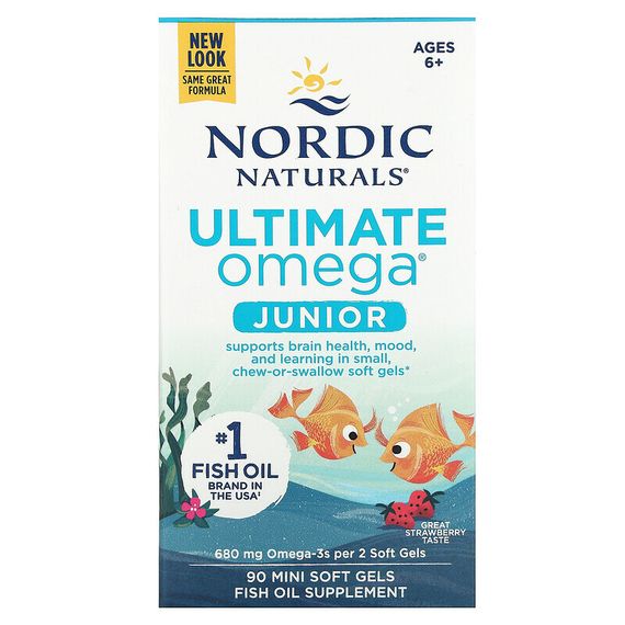 Nordic Naturals, Ultimate Omega Junior, для детей от 6 до 12 лет, со вкусом клубники, 340 мг, 90 мини-капсул