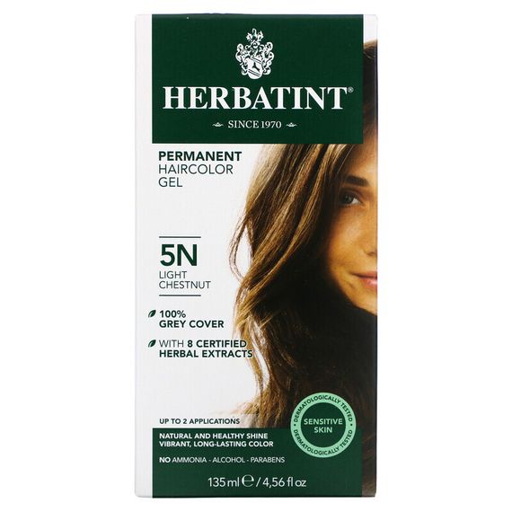 Herbatint (Antica Herbavita), Перманентная краска-гель для волос, 5N, светлый каштан, 4,56 жидкой унции (135 мл)