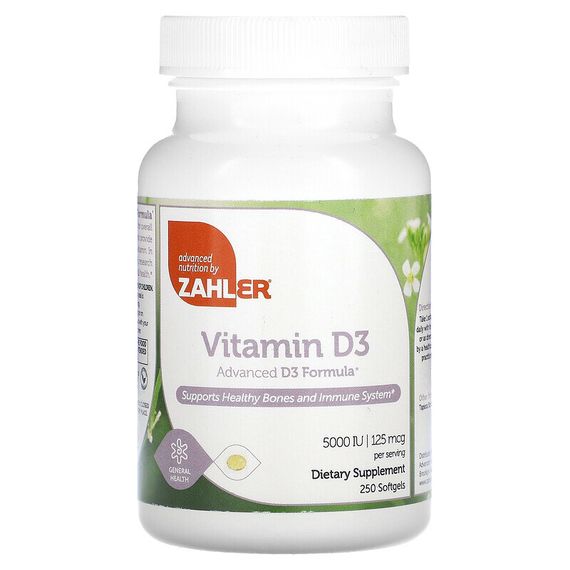 Zahler, Витамин D3, улучшенная формула D3, 125 мкг (5000 МЕ), 250 мягких таблеток