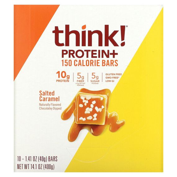 Think !, Батончики Protein + 150 Calorie, соленая карамель, 10 батончиков по 1,41 унции (40 г) каждый