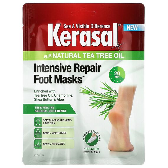 Kerasal, Маски для ног интенсивного восстановления плюс натуральное масло чайного дерева, 2 маски для ног