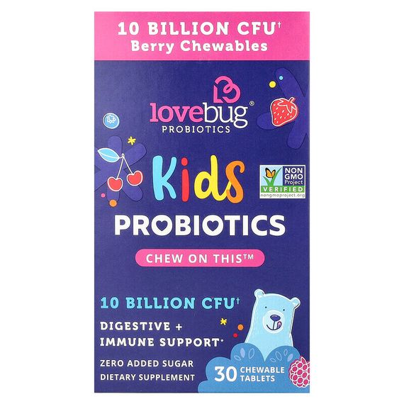 LoveBug Probiotics, пробиотики для детей, с ягодным вкусом, 10 млрд КОЕ, 30 жевательных таблеток