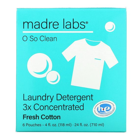 Madre Labs, моющее средство для стирки, тройной концентрации, сменный блок, свежесть хлопка, 6 пакетиков по 118 мл (4 жидк. унции)