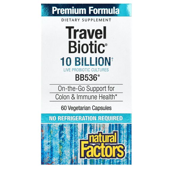 Natural Factors, Travel Biotic, BB536, 10 млрд жизнеспособных клеток, 60 растительных капсул