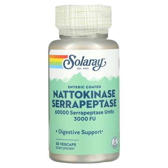 Solaray, наттокиназа и серрапептаза, 30 вегетарианских капсул