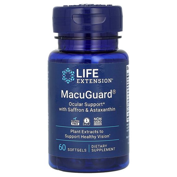 Life Extension, MacuGuard, поддержка зрения с шафраном и астаксантином, 60 капсул
