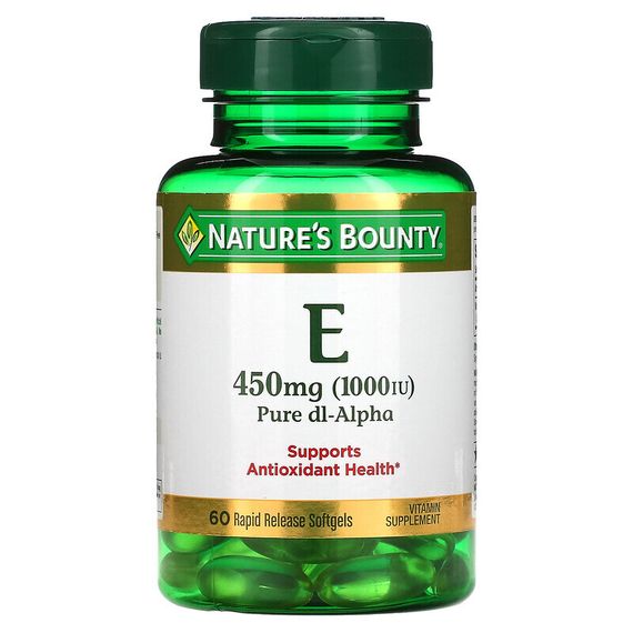 Nature&#39;s Bounty, витамин E, чистый Dl-альфа, 450 мг (1000 МЕ), 60 капсул с быстрым высвобождением