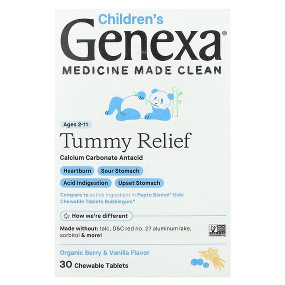 Genexa LLC, Kid&#39;s Tummy Relief, для детей от 2 лет, органические ягоды и ваниль, 30 жевательных таблеток