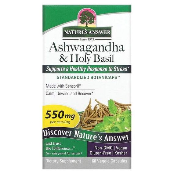 Nature&#39;s Answer, Ашваганда и священный базилик, 550 мг, 60 растительных капсул