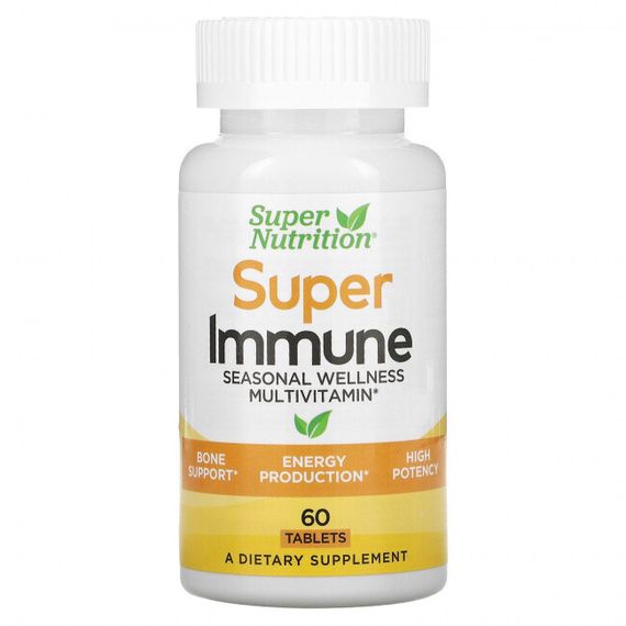 Super Nutrition, Super Immune, мультивитаминный комплекс с глутатионом для укрепления иммунитета, 60 таблеток
