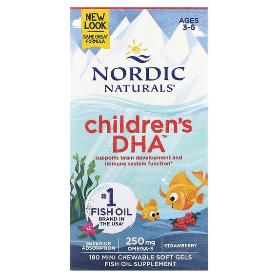 Nordic Naturals, Children&#39;s DHA, ДГК для детей, со вкусом клубники, для детей 3–6 лет, 250 мг, 180 мини-капсул