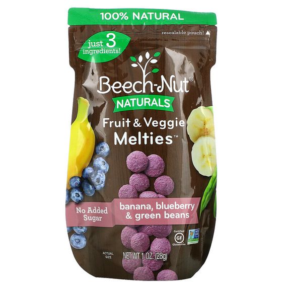 Beech-Nut, Naturals, Fruit &amp; Veggie Melties, снек из фруктов и овощей, для детей от 8 месяцев, банан, голубика и стручковая фасоль, 28 г (1 унция)