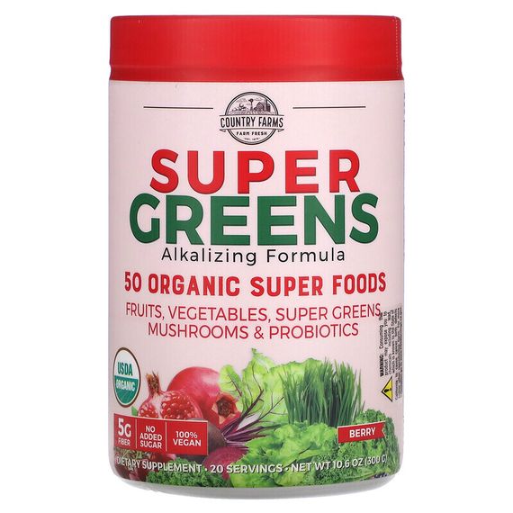 Country Farms, Super Greens, подщелачивающая формула, ягоды, 300 г (10,6 унции)