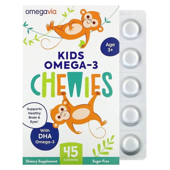 OmegaVia, жевательные таблетки с омега-3 для детей, клубнично-цитрусовый вкус, 45 штук