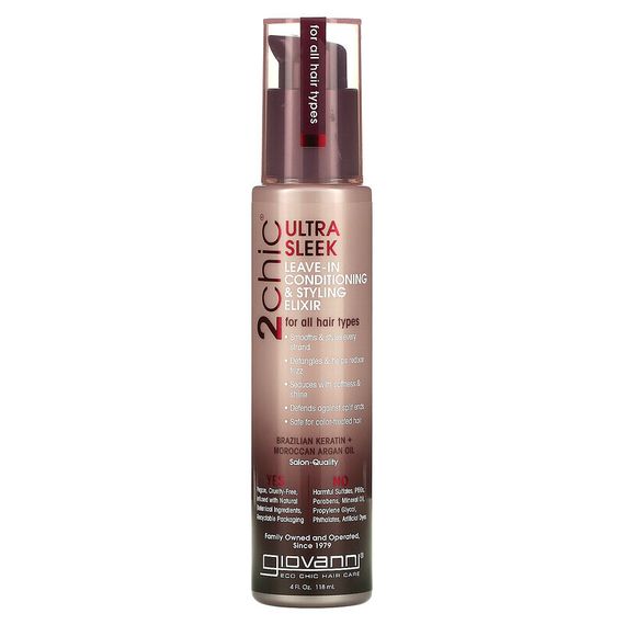 Giovanni, 2chic, Ultra Sleek Leave-In Conditioning &amp; Styling Elixir, For All Hair Types, Brazilian Keratin + Moroccan Argan Oil, 4 fl oz (118 ml)
