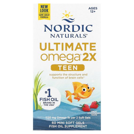 Nordic Naturals, Ultimate Omega 2X Teen, для подростков от 12 до 18 лет, со вкусом клубники, 60 мини-капсул