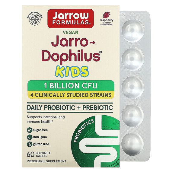 Jarrow Formulas, Jarro-Dophilus Kids, пробиотик + пребиотик, без сахара, натуральный малиновый вкус, 1 миллиард живых бактерий, 60 жевательных таблеток