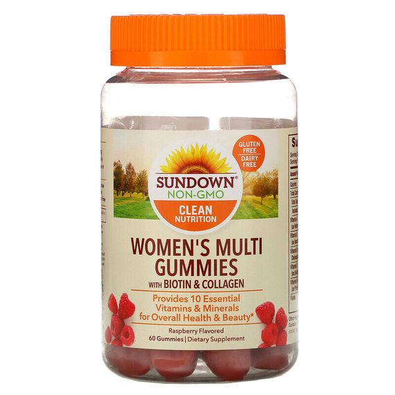 Sundown Naturals, мультивитамины с биотином для женщин, вкус малины, 60 жевательных таблеток