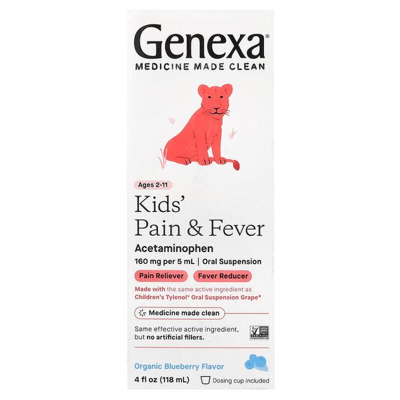 Genexa LLC, Kid&#39;s Pain &amp; Fever, для детей от 2 лет, органическая голубика, 118 мл (4 жидк. Унции)