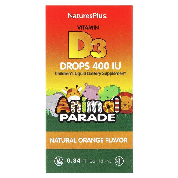 NaturesPlus, Source of Life, Animal Parade, витамин D3 в каплях, с натуральным апельсиновым вкусом, 400 МЕ, 10 мл (0,34 жидк. унции)