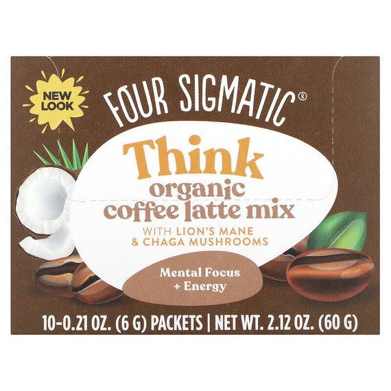 Four Sigmatic, Think, Organic Coffee Latte Mix with Lion&#39;s Mane &amp; Chaga Mushrooms, 10 Packets, 0.21 oz (6 g) Each
