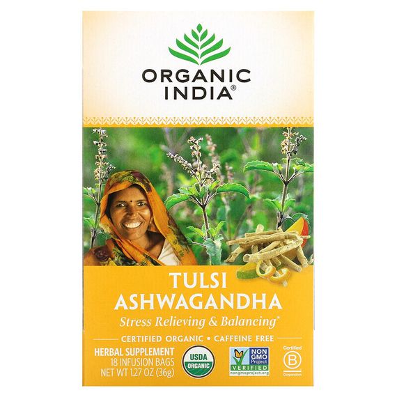 Organic India, Tulsi Tea, Ашваганда, без кофеина, 18 пакетиков для настоя, 1,27 унции (36 г)