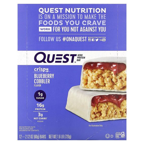 Quest Nutrition, протеиновый батончик, хрустящий пирог с голубикой, 12 батончиков по 60 г (2,12 унции)