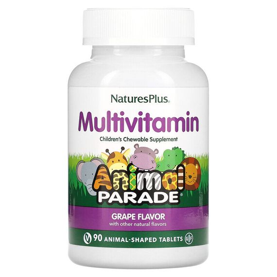 NaturesPlus, Source of Life, Animal Parade, жевательные мультивитамины с микроэлементами для детей, со вкусом винограда, 90 таблеток в форме животных