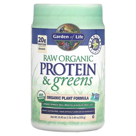 Garden of Life, RAW Protein &amp; Greens, формула с органическими растениями, ваниль, 550 г (19,40 унции)