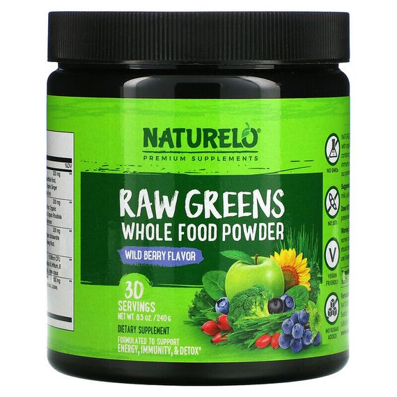 NATURELO, Raw Greens, порошок из цельных продуктов, лесные ягоды, 240 г (8,5 унции)