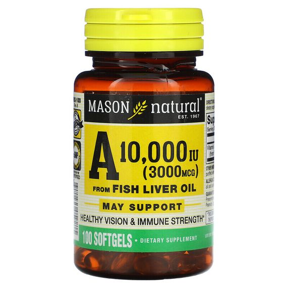 Mason Natural, витамин A из жира печени рыбы, 3000 мкг (10 000 МЕ), 100 капсул