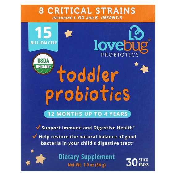 LoveBug Probiotics, пробиотики для детей в возрасте от 12 месяцев до 4 лет, 15 млрд КОЕ, 30 порций в индивидуальной упаковке