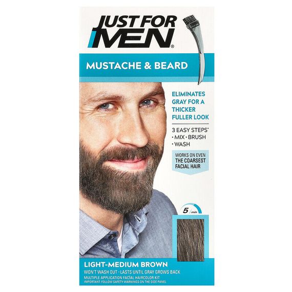 Just for Men, Mustache &amp; Beard, Brush-In Color, M-30 Light-Medium Brown, 1 Multiple Application Kit
