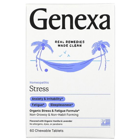 Genexa LLC, Stress, органическая формула для снятия стресса и усталости, органические ваниль и лаванда, 60 жевательных таблеток