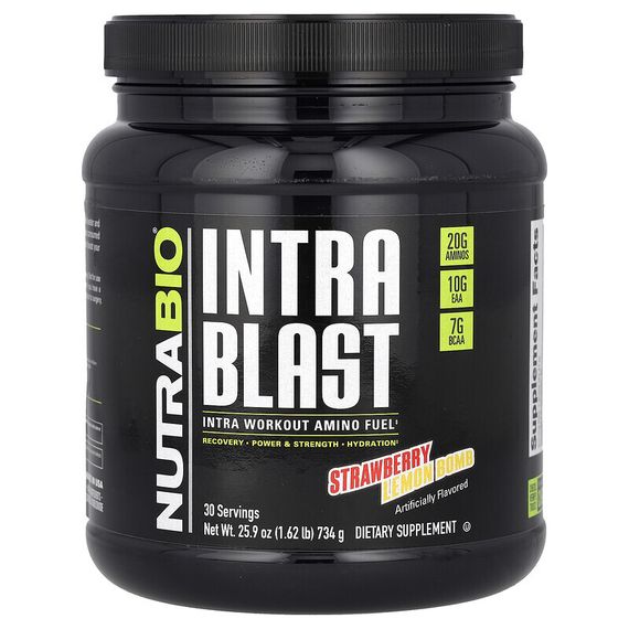 Nutrabio Labs, Intra Blast, заряд аминокислот для восстановления после тренировки, клубника с лимоном, 740 г