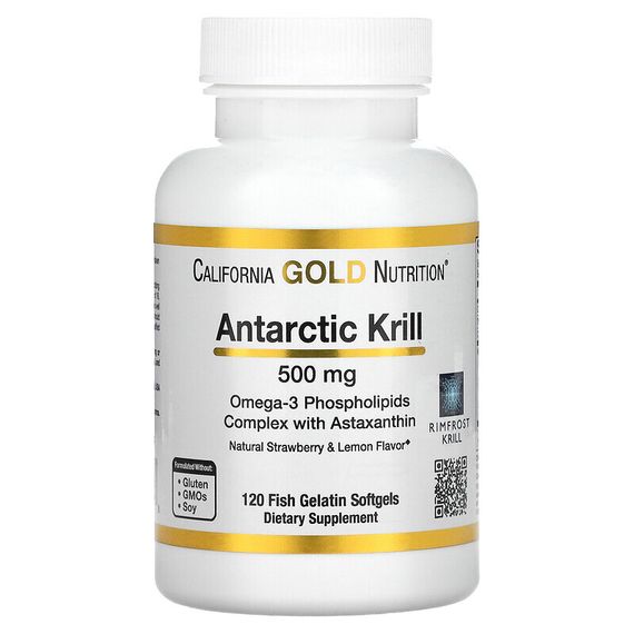 California Gold Nutrition, масло антарктического криля, комплекс фосфолипидов из омега-3 с астаксантином, натуральный клубнично-лимонный вкус, 500 мг, 120 капсул из рыбьего желатина