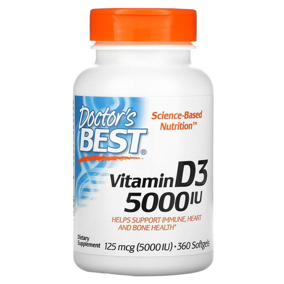 Doctor&#39;s Best, витамин D3, 125 мкг (5000 МЕ), 360 мягких таблеток