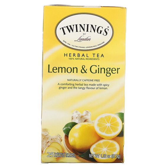 Twinings, Herbal Tea, Lemon &amp; Ginger, Caffeine Free, 25 Tea Bags, 1.32 oz (37.5 g)