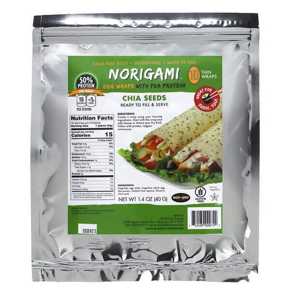 Norigami, Яичные обертки с гороховым протеином, семена чиа, 10 тонких оберток, 40 г (1,4 унции)