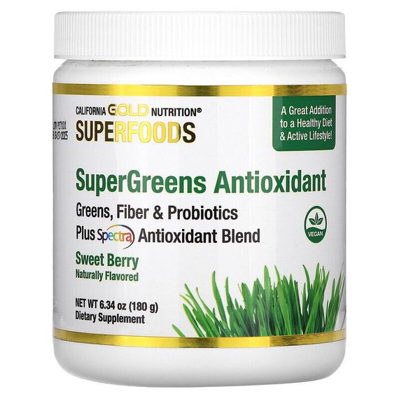 California Gold Nutrition, SUPERFOODS, комплекс антиоксидантов из суперзелени, зелень, клетчатка и пробиотики, со вкусом сладких ягод, 180 г (6,34 унции)