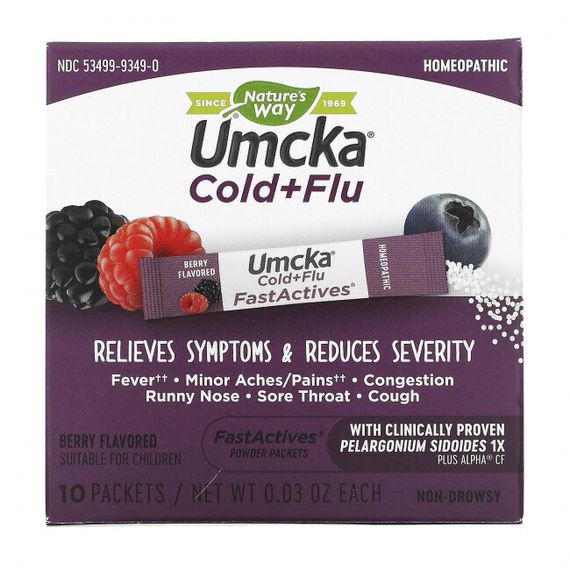 Nature&#39;s Way, Umcka, Fast Actives, для лечения простуды и гриппа, не вызывает сонливость, с ягодным вкусом, 10 пакетов с порошком