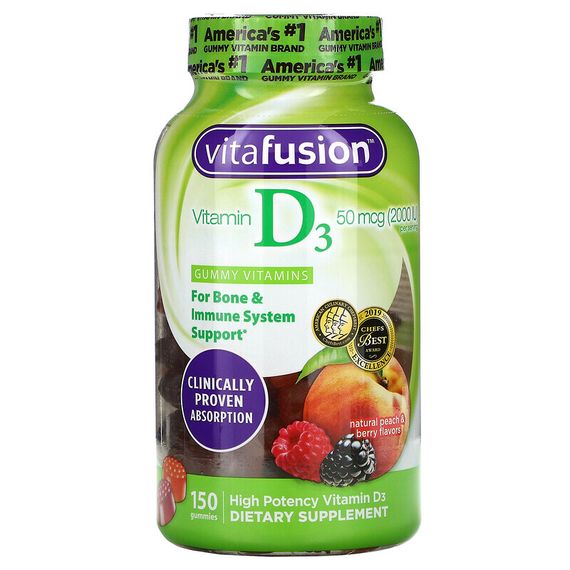 VitaFusion, витамин D3, с натуральным вкусом персика и ягод, 25 мкг (1000 МЕ), 150 жевательных таблеток