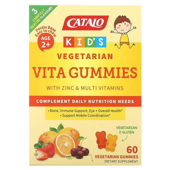 Catalo Naturals, Детские вегетарианские жевательные витамины с цинком и мультивитаминами, для детей от 2 лет, клубника, вишня и апельсин, 60 вегетарианских жевательных мармеладок