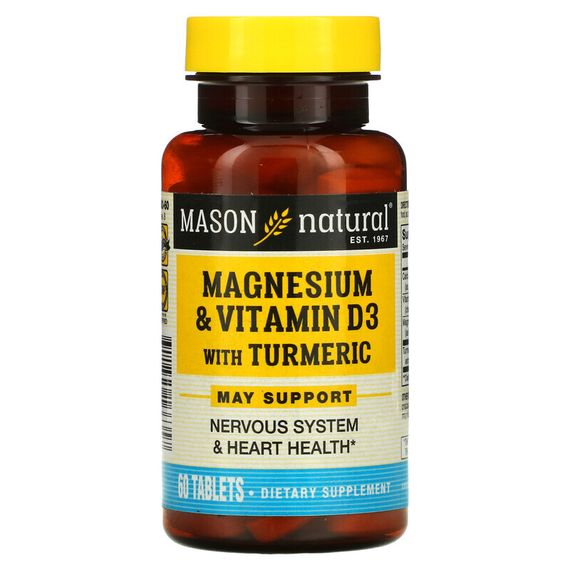 Mason Natural, магний и витамин D3 с куркумой, 60 таблеток