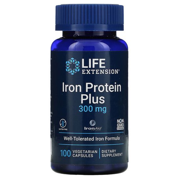 Life Extension, Iron Protein Plus, 300 мг, 100 вегетарианских капсул