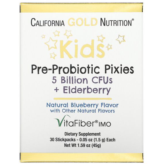 California Gold Nutrition, Pixies, пребиотики и пробиотики для детей, 5 млрд. КОЕ, с добавлением бузины, с натуральным вкусом голубики, 30 пакетиков по 1,5 г (0,05 унции)