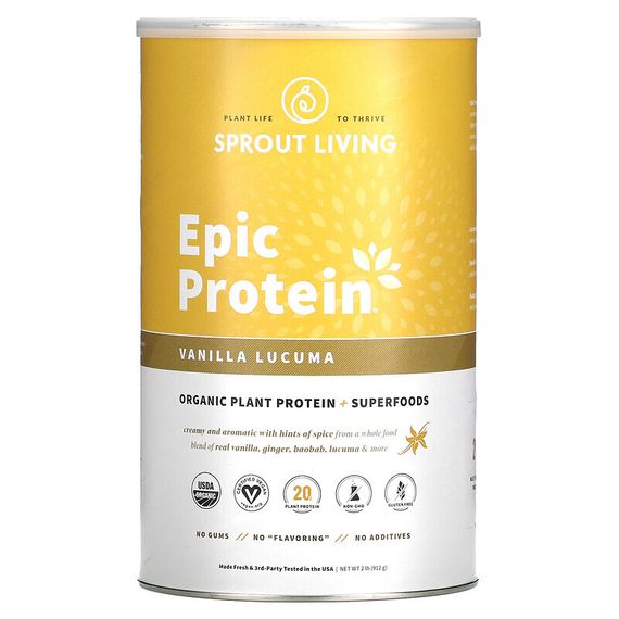 Sprout Living, Epic Protein, органический растительный протеин и суперфуды, ваниль и лукума, 910 г (2 фунта)
